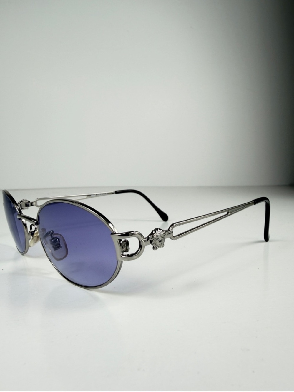 90s Vtg Versace H68 Silver Oval Medusa Sunglasses Custom Purple Lenses Full Set